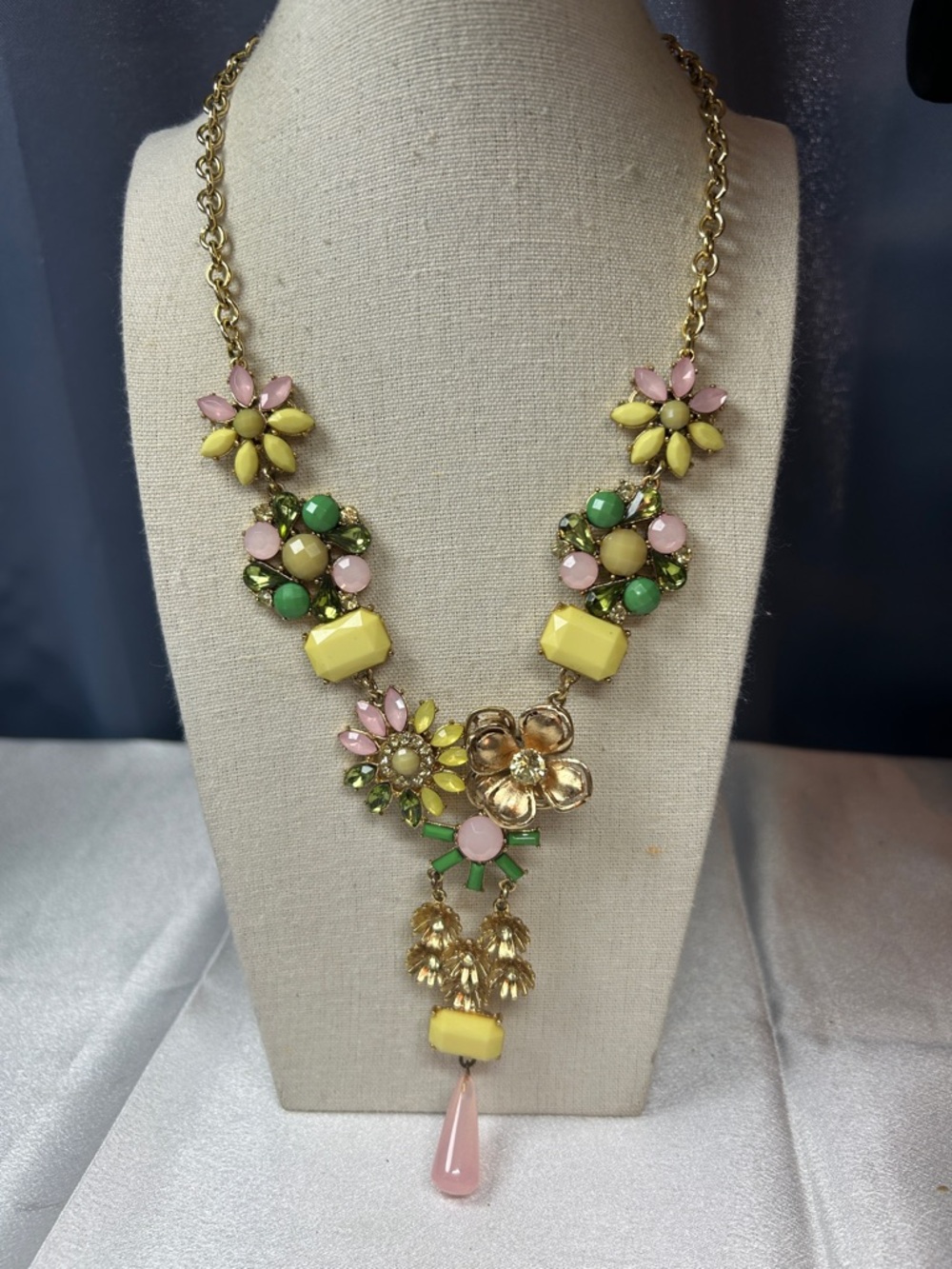 NY&C Gold Tone Floral Statement Necklace in Yellow, Pink & Green